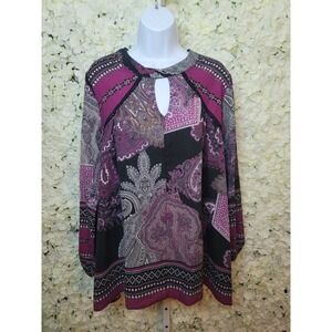 French Blue Women's Pink Paisley Top Witb Peek A Boo Accent LG, Long Sleeve